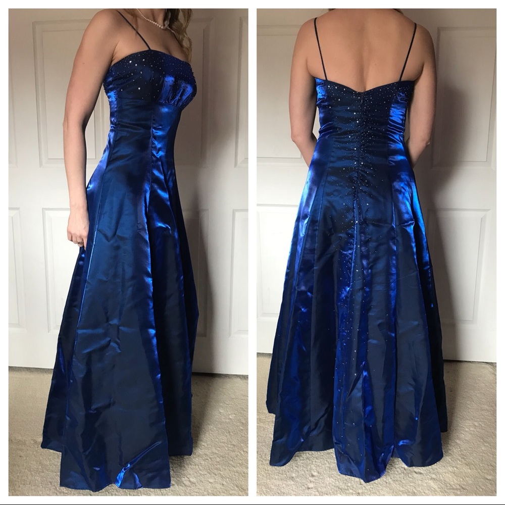 Dark blue beaded prom dress